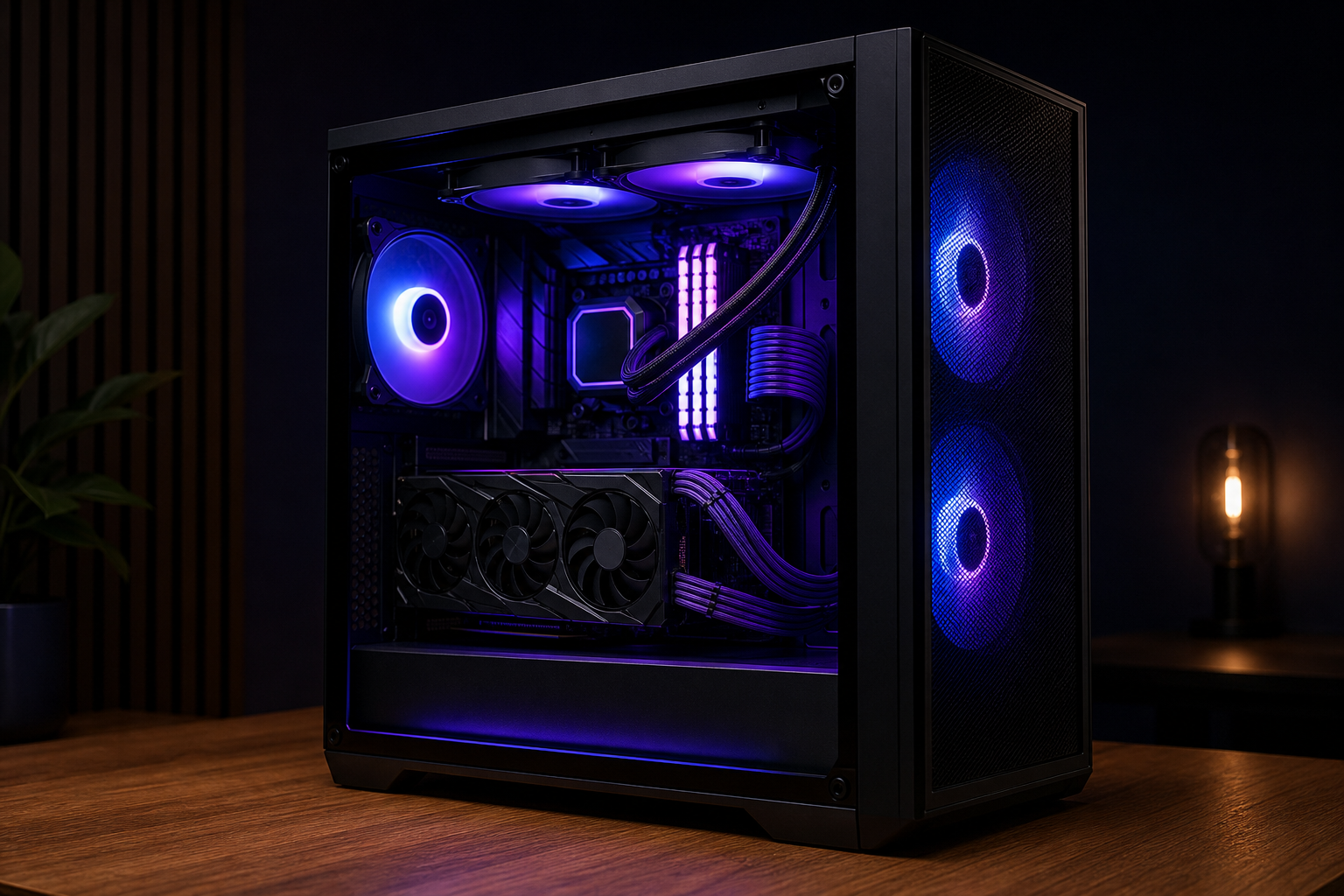 PC assemblé sur mesure avec panneau vitré et éclairage RGB indigo et violet