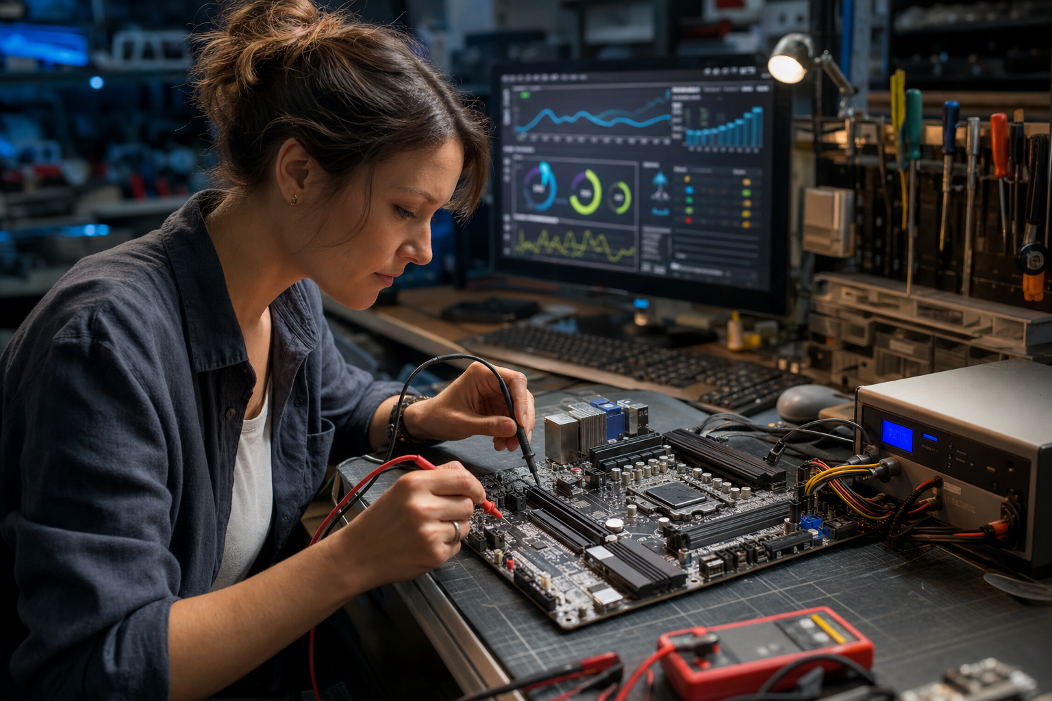 Technicienne testant une carte mère sur établi avec écran affichant un diagnostic