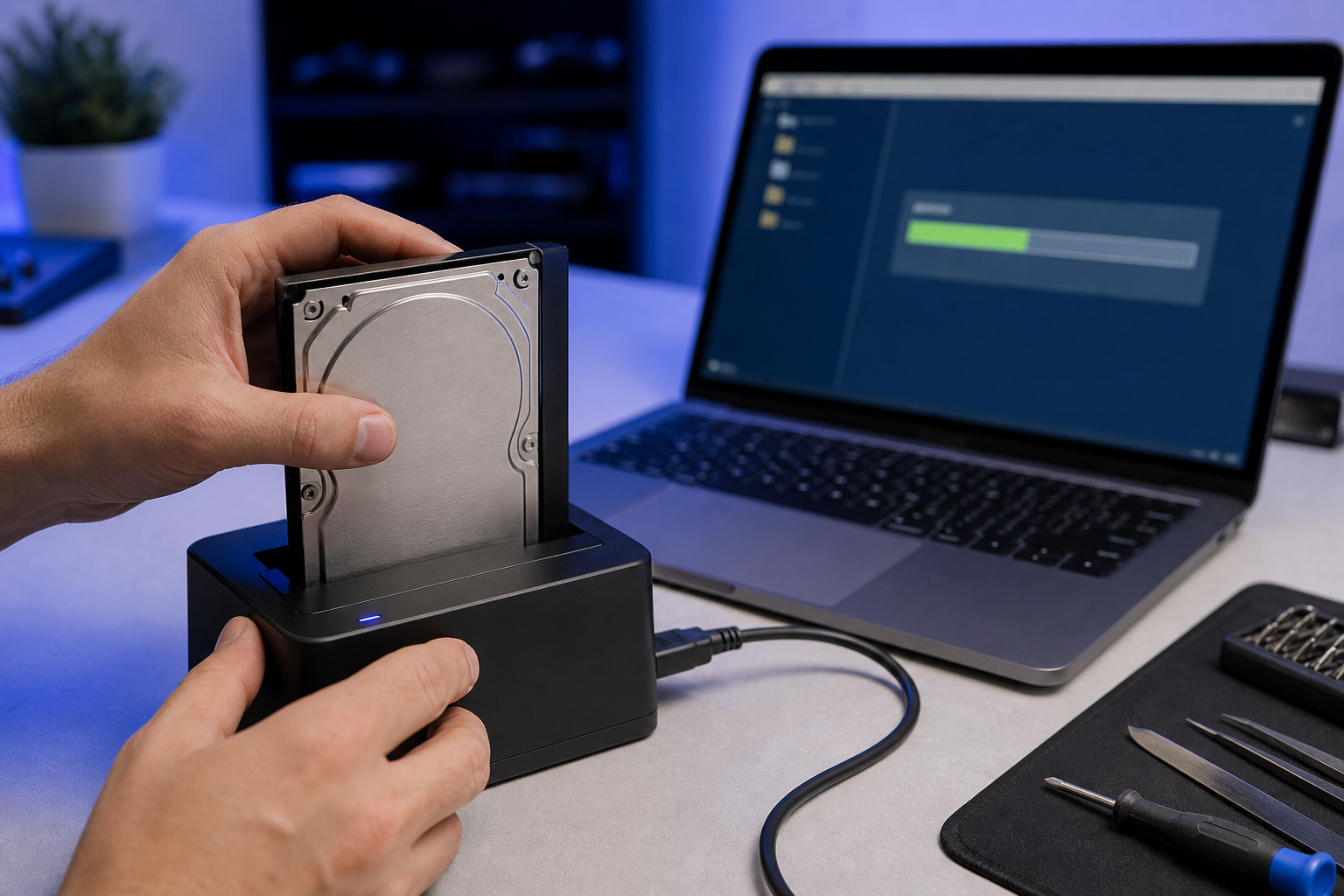 Mains connectant un disque dur à un boîtier de récupération de données relié à un ordinateur portable