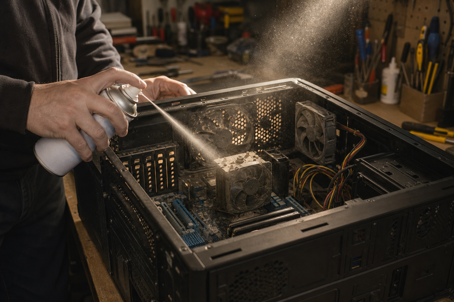 Nettoyage à l'air comprimé des composants d'un boîtier PC ouvert